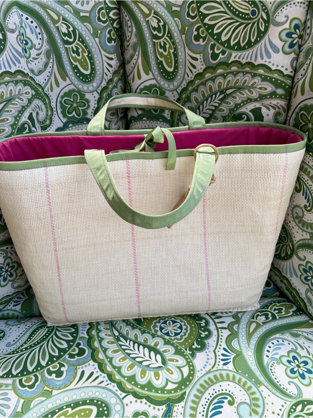 Ralph Lauren Plaid Straw Cream & Pink Tote Bag - Picture 4 of 8